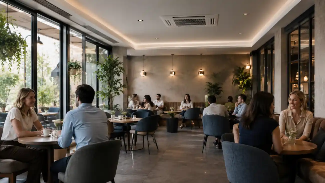 Restoran ve kafe gibi yoğun kullanılan ticari alanlarda tavan tipi iklimlendirme çözümü