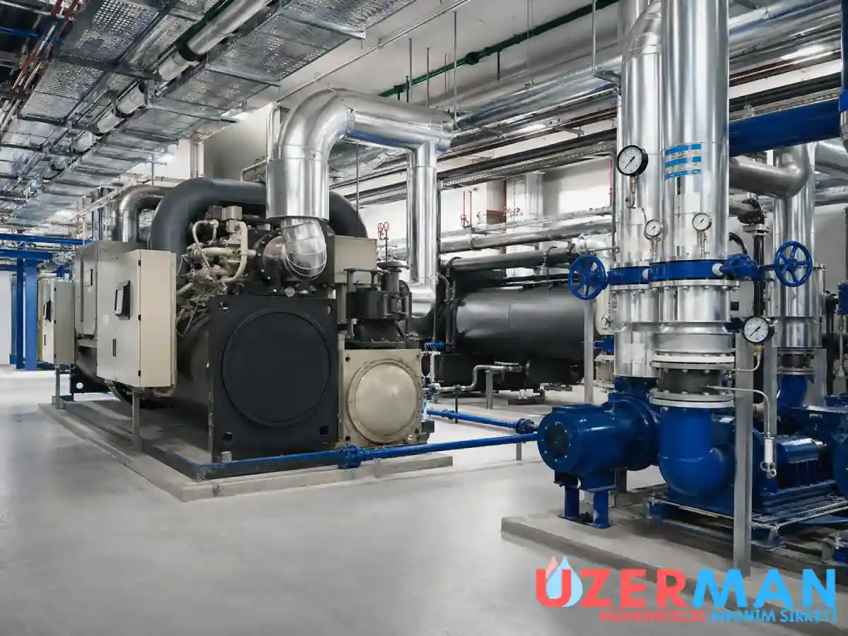 Endüstriyel tesiste chiller, pompa, vana, gösterge ve yalıtımlı borulama sistemi
