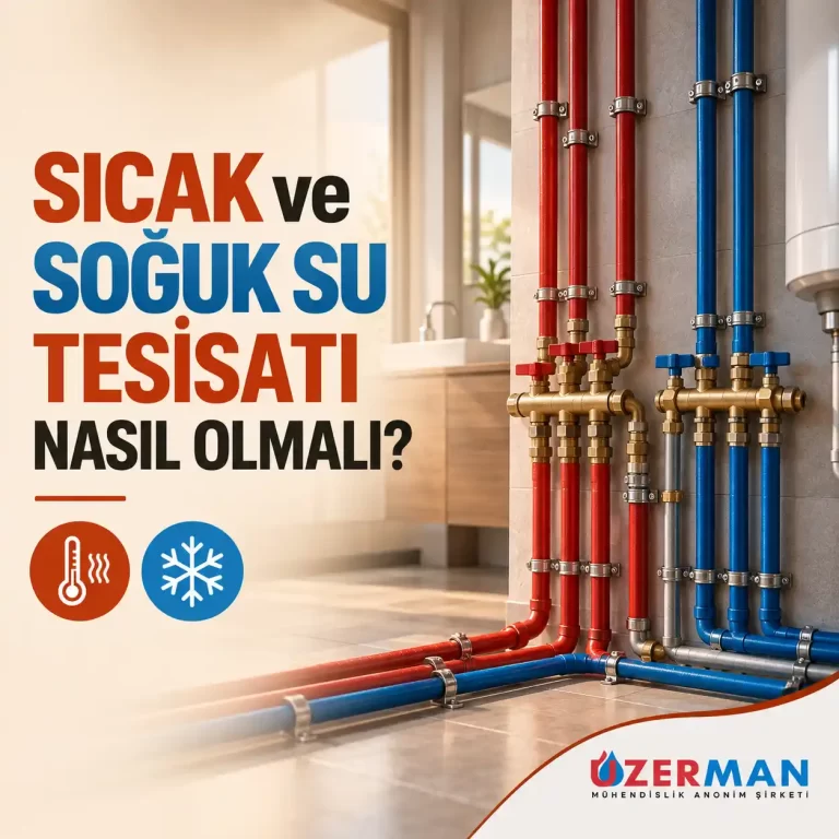 Sıcak ve soğuk su tesisatı nasıl olmalı? Kırmızı sıcak su ve mavi soğuk su boruları, kolektör ve vana bağlantılarını gösteren tesisat uygulaması.